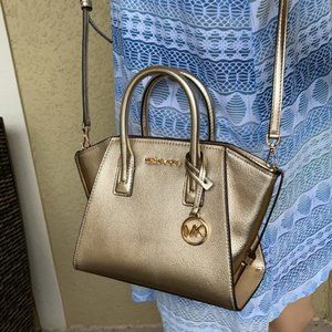 Michael Kors Avril Small Leather Top-Zip Satchel Color Pale Gold